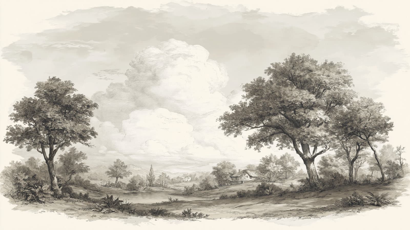 Monochrome archival engraving of a broad wooded landscape